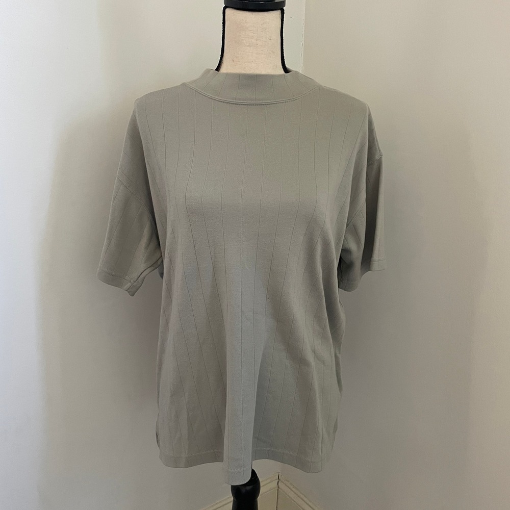 Retro Ribbed Mock Neck Top sz 14 16 Sage Green Half‎ Sleeve Vintage 90s Normcore
